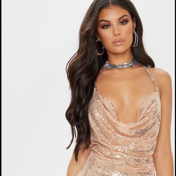 PrettyLittleThing Dresses & Skirts - PLT - Rose Gold Sequin Chain Choker Mini Dress